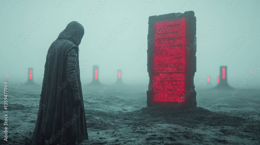 Leinwandbilder a broken ai core leaking corrupted data into a field of ash, with ghost code drifting in the air,