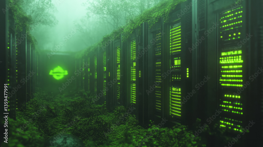 Aufkleber a massive archive server abandoned and overgrown, glowing faintly as fragmented code collapses