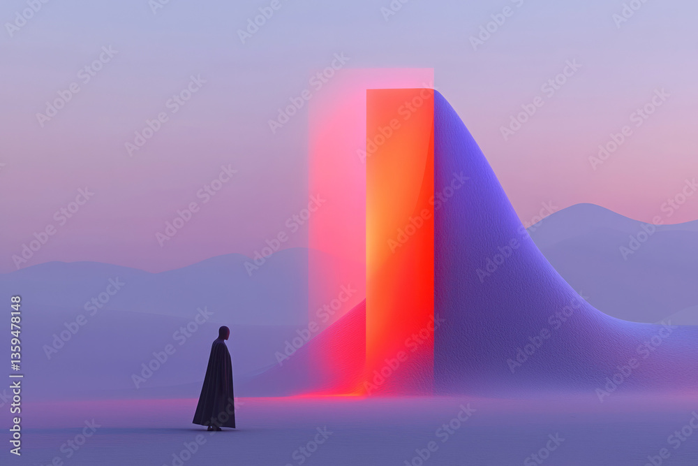 Poster a digital being standing before a veil of vibrating data light, where a shape slowly emerges unseen