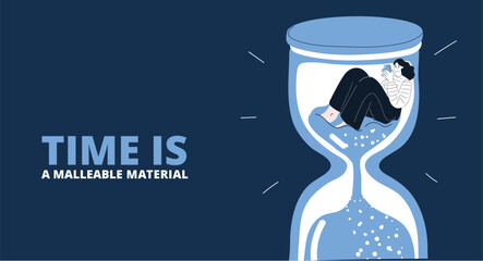 Cartoon vector illustration of a woman sitting inside an hourglass, absorbed in her phone, symbolizing the passage of time and digital distraction.