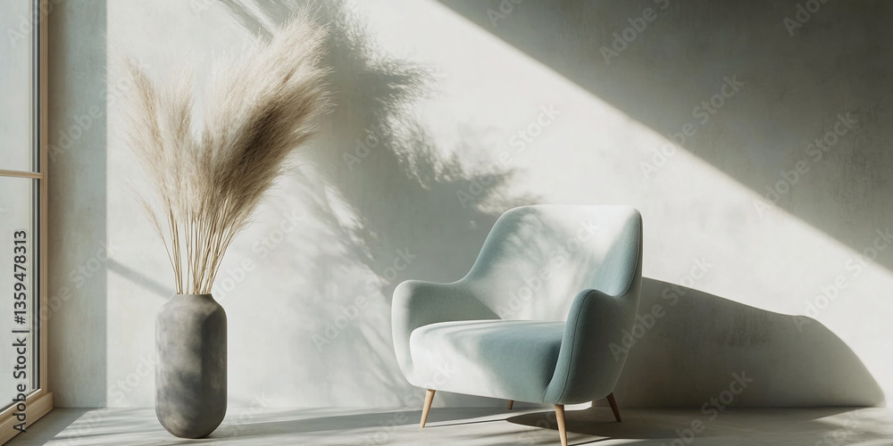 Poster sunlit room scene showcasing a light-blue armchair and pampas grass in a gray vase, creating a calm 