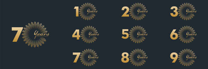 Fototapeta premium collection anniversary 10 to 90 year logo designs. abstract number, vector illustration. gold logo and black background