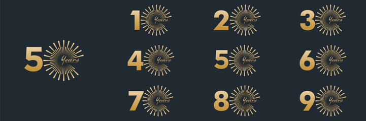 Fototapeta premium collection anniversary 10 to 90 year logo designs. abstract number, vector illustration. gold logo and black background