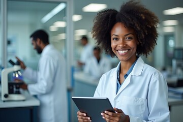 Confident Black Female Scientist Smiling and Using Tablet in Lab Setting with Medical Equipment in Background