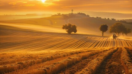 Fototapeta premium A farmer harvesting crops in a golden field at sunrise.