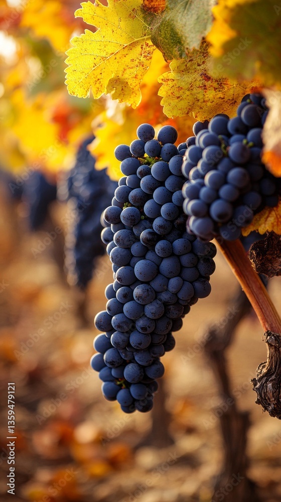 Poster clusters of luscious dark grapes dangle from intertwined vines, embraced by vibrant autumn leaves. s