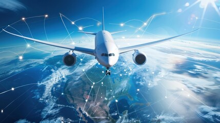 A plane flying over various continents with a round-the-world travel path highlighted.