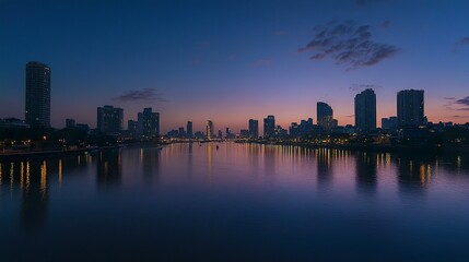 Naklejka premium Bangkok skyline at dusk: Skyscrapers illuminated against the evening sky, reflecting off the Chao Phraya River 