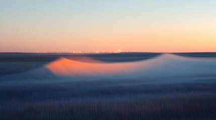 An abstract ocean landscape with blurred waves cityscape on the horizon and a serene sky gradient from blue to orange