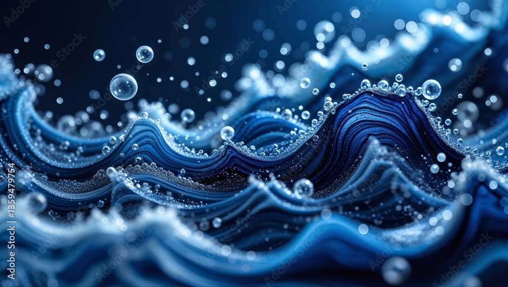 Poster dark blue waves create a dynamic pattern with bubbles highlighting their movement and energy in an a