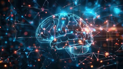 Obraz premium A digital brain symbolizing machine learning with glowing connections and futuristic elements.
