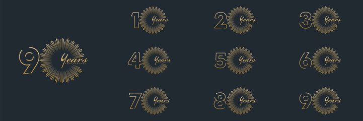 collection anniversary 10 to 90 year logo designs. abstract number, vector illustration. gold logo and black background