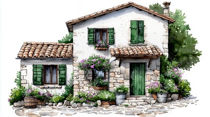 Picturesque Stone House with Green Shutters and Blooming Flowers