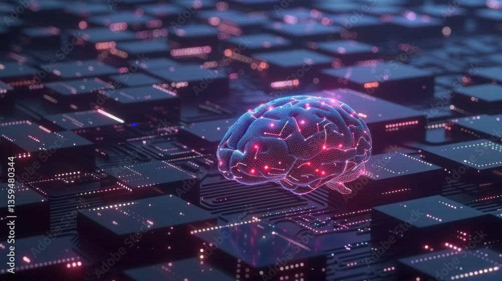 Poster a glowing artificial intelligence brain visual on a computer screen surrounded by code.