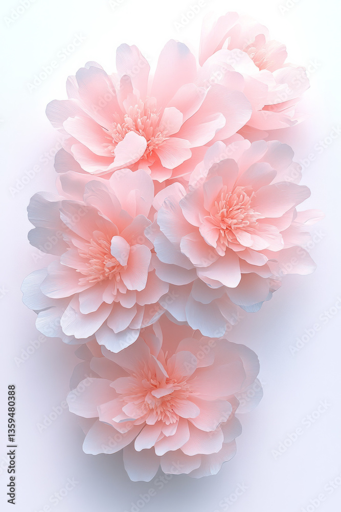 Poster A realistic digital render of floating peony blossoms with subtle shadows over a radiant pink