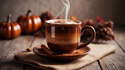 A steaming hot ceramic mug of rich, velvety hot chocolate adorned with a sprinkle of cinnamon or cocoa powder, sitting on a rustic wooden table amidst a warm and inviting autumnal or winter still life