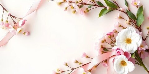 Obraz premium Blank white card with pastel flowers and ribbon, delicate pink floral frame, handmade, invitation