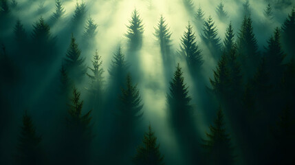 Naklejka premium An aerial view of a dense forest with evergreen trees reaching toward the heavens bathed in ethereal sunlight piercing