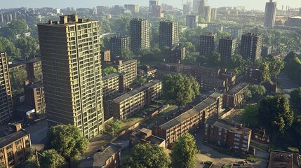 Obraz premium Birmingham cityscape viewed from above, apartment tower blocks rising prominently among a mix of old and new architecture, photorealistic textures, clear atmospheric lighting. 