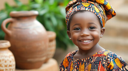 Ghana child - Village Explorer: Style the child in simple, rustic attire and use props like clay pots, woven baskets, or earthenware to capture a traditional village charm. 