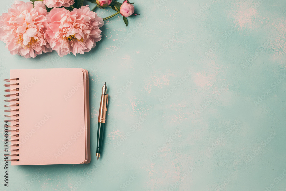 Poster a quiet and refined scene: peonies resting on an open journal with a fountain pen and soft pink