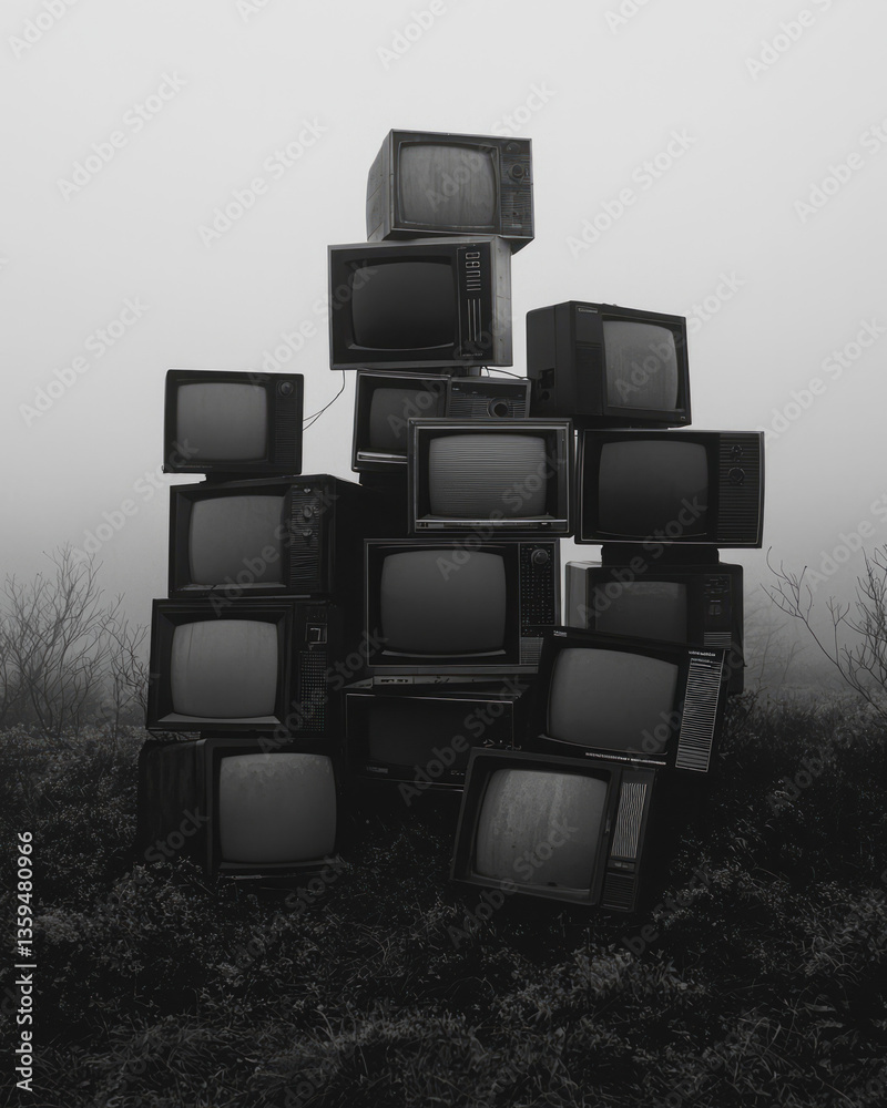 Aufkleber a stack of old televisions showing looping static, placed on a white minimalist background,