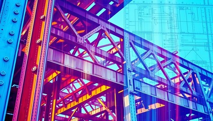 Fototapeta premium Blueprint overlaying steel beams, girders, and rivets in a double exposure effect, technical drawing, lines