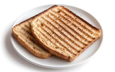 Crispy Toasted Bread Slices on White Plate, Closeup