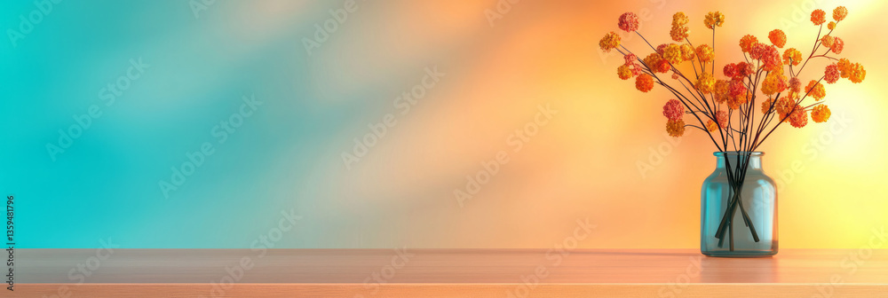 Aufkleber a warm, light-splashed background of a vintage table near the window with gentle floral blur in the
