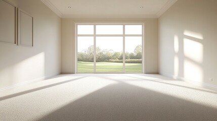 Fototapeta premium Bright empty space with plain white walls, soft sunlight from a high window, and a neutral floor, ideal for creative design or staging. 