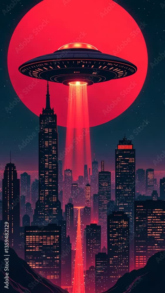 Poster A red and white drawing of a city with a large red and white circle in the background. A spaceship is flying through the sky above the city