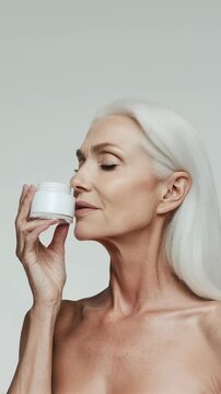 Elegant skincare routine highlighting a mature woman enjoying a luxurious moisturizer in a serene setting. Ideal for Social Media, Stories, Advertising