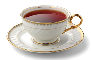 A    cups with tea, coffee, and tea with sugar, placed on saucers, showcasing beverages in white porcelain mugs and teacups with a touch of gold accents