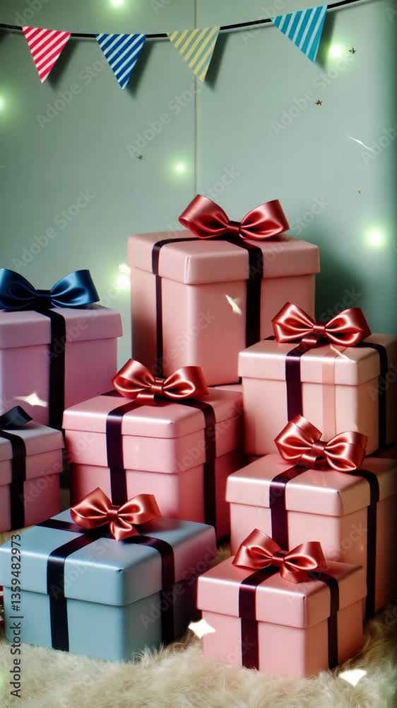 Aufkleber A stack of pink boxes with bows on them. The boxes are stacked on top of each other