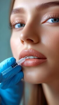 Enhancing natural beauty through lip filler treatment with a close-up focus on the process and results. Ideal for Social Media, Stories, Advertising