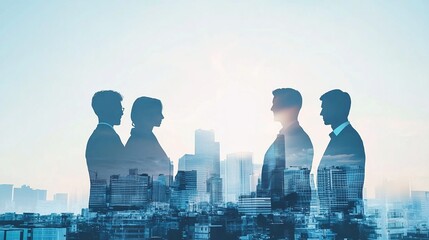 Double exposure of business professionals silhouettes merged with cityscape, illustrating corporate culture, teamwork, modern urban life. White themed, light gray, sky blue tones, blurred effect, high