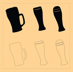 Vector set of beer drinking bottle, mug, glass silhouette