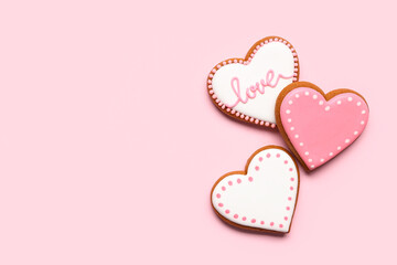Heart shaped cookies on pink background. Valentine's day celebration