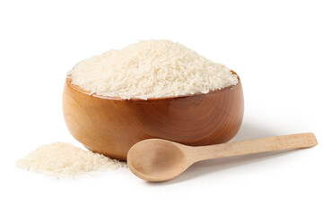 Wooden bowl and spoon with raw rice isolated on white background