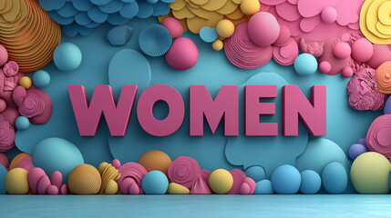 Colorful Abstract 3D Composition with Pink Women Text and Decorative Sphere Shapes on Blue Background for Graphic Design