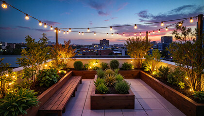 Whimsical rooftop garden illuminated by string lights at twilight, cozy ambiance