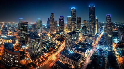 Obraz premium Bustling downtown nightscape, glowing skyscrapers dominating the skyline, streets lined with bright lights and car trails 