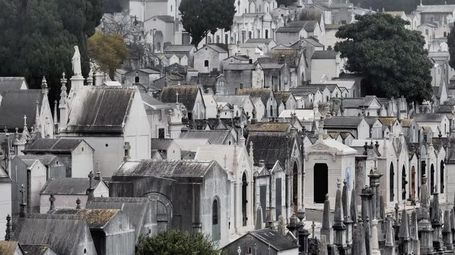 Portuguese cemetery Prazeres in Lisbon, Portugal in Foggy cloudy misty Weather, Aerial Drone shot