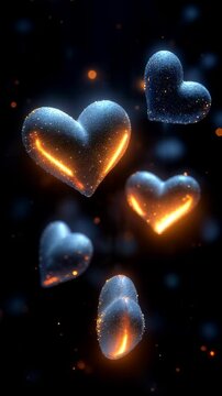 Floating hearts with sparkling lights create a magical atmosphere in a dark background. Ideal for Social Media, Stories, Advertising