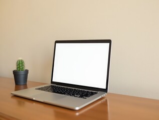 Sleek laptop and cactus on wooden table, beige wall, soft light, minimal workspace with tranquil productivity vibe