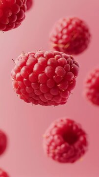 Fresh raspberries floating against a soft pink background create a vibrant and enticing visual feast. Ideal for Social Media, Stories, Advertising