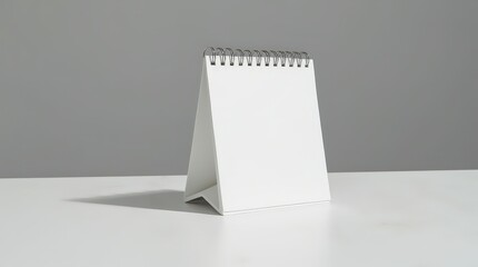 Wide view of matte white calendar with metal spiral on gray backdrop, even light, modern tranquil office style