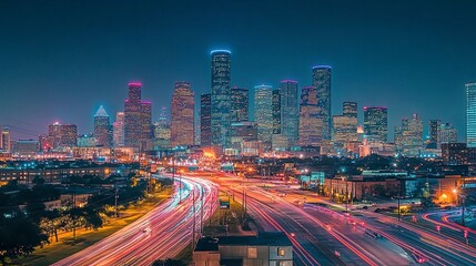 Fototapeta premium Bustling downtown nightscape, glowing skyscrapers dominating the skyline, streets lined with bright lights and car trails 