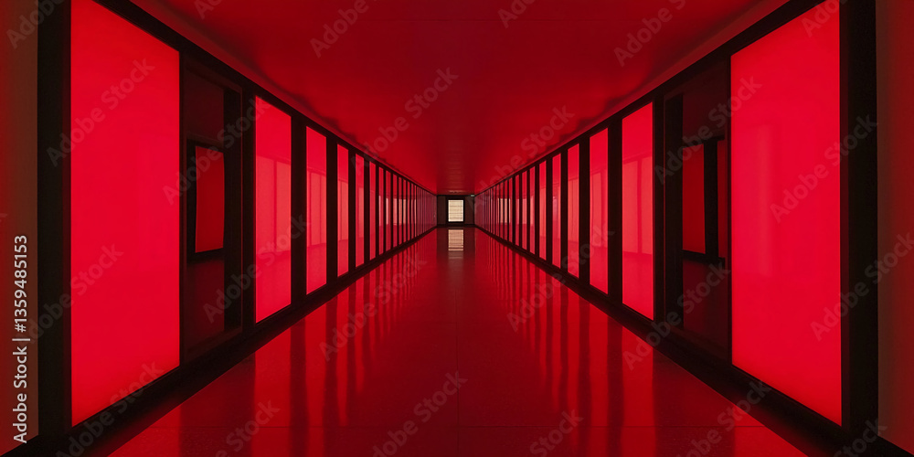 Poster red illuminated corridor, long perspective, reflective floor, creates depth and modern architecture 