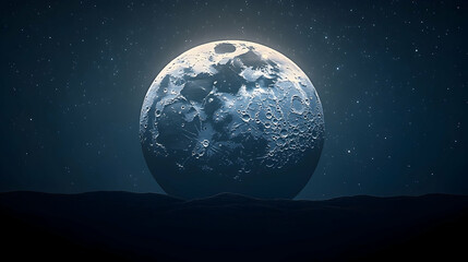An ethereal moon rises over dark striated hills under a starry sky a landscape of silent wonder and mystery